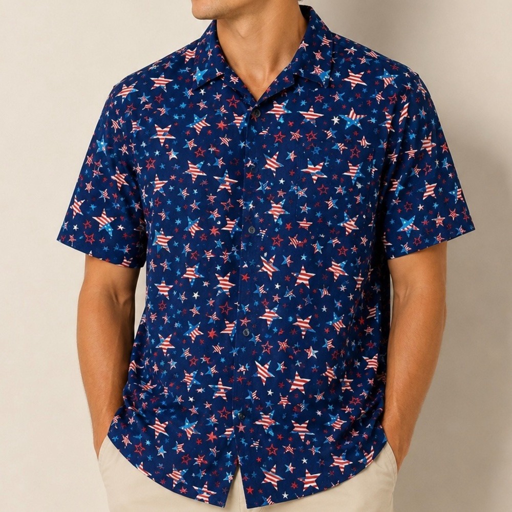 O'rageous Men 2XL Patriotic USA Flag Star Button Up Shirt Rayon Hawaiian July‎ 4